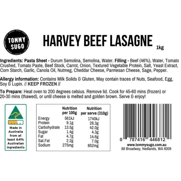 Harvey Beef Lasagna Label