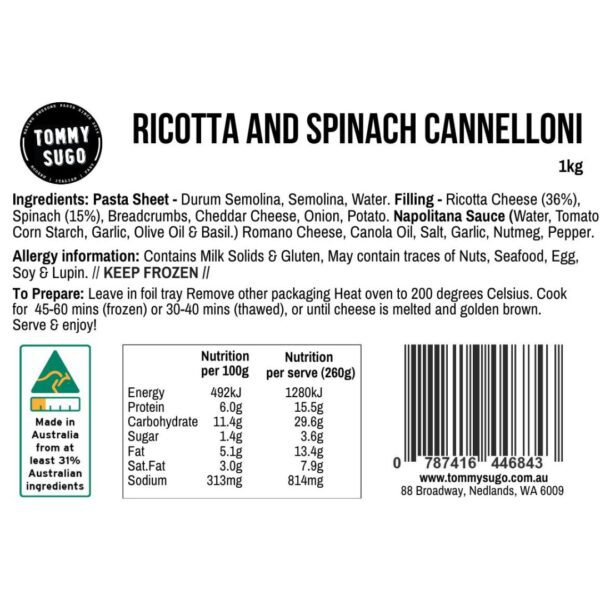 Ricotta & Spinach Cannelloni Label