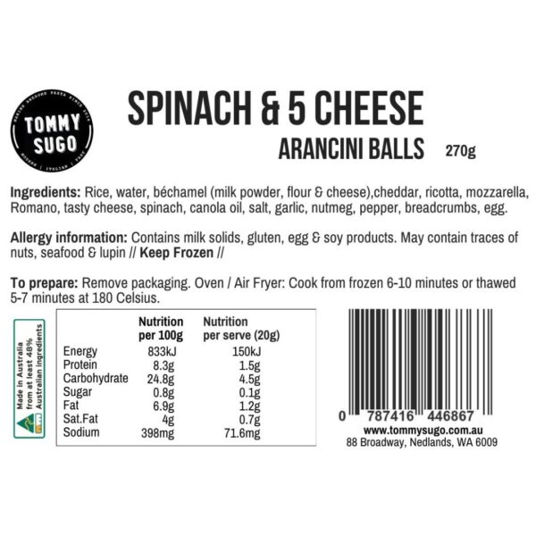 Spinach & 5 Cheese Arancini Label